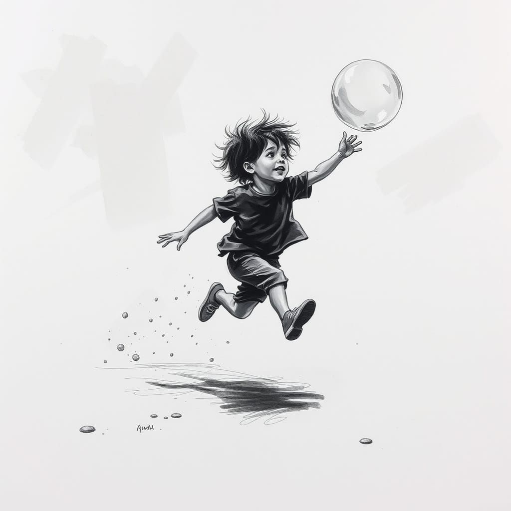 A dynamic, expressive depiction of a child running and jumpi...