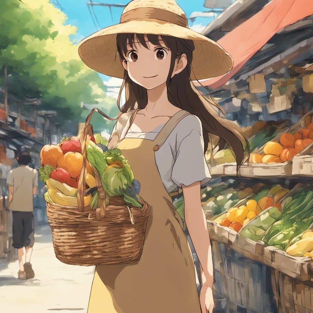 Girl at Market in Studio Ghibli Style