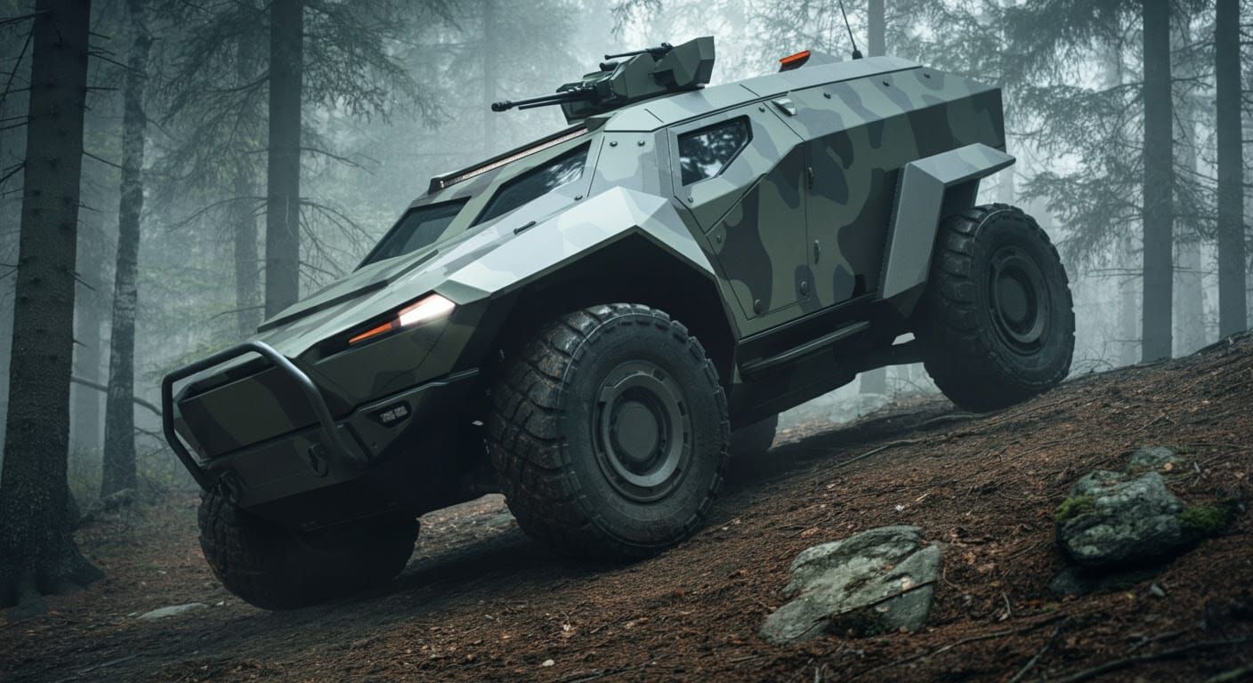 Futuristic Armored Vehicle Navigates Rough Terrain
