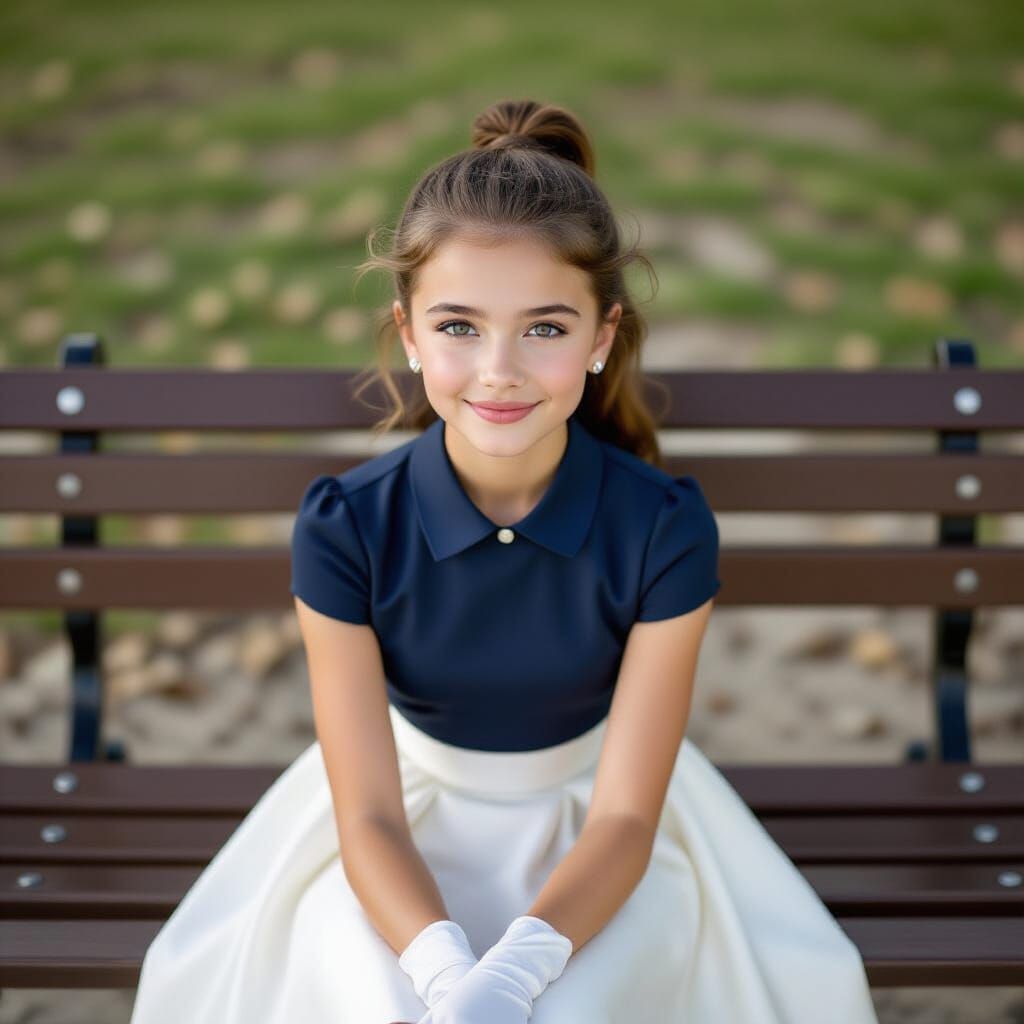 Young French Girl Smiling on Park Bench in Natural Light