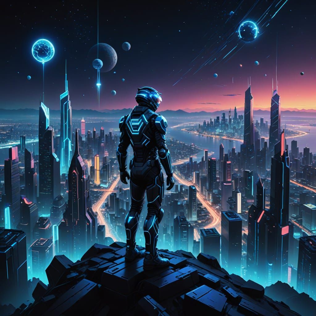 a futuristic cityscape at night