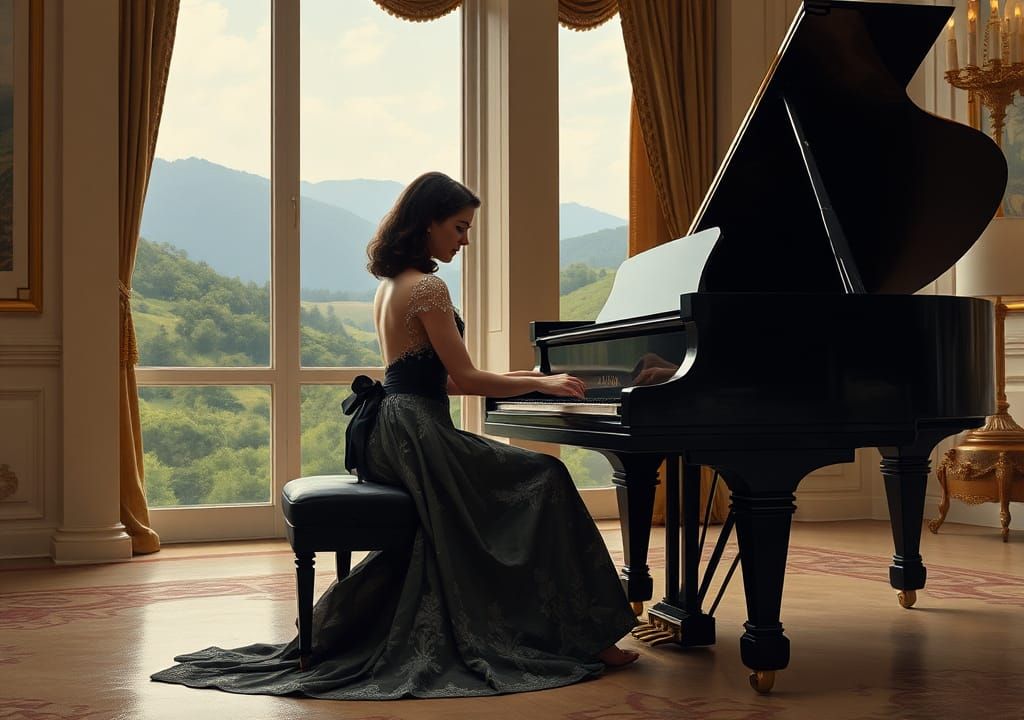 Elegant Woman Playing Piano in Classical Oil Painting Style