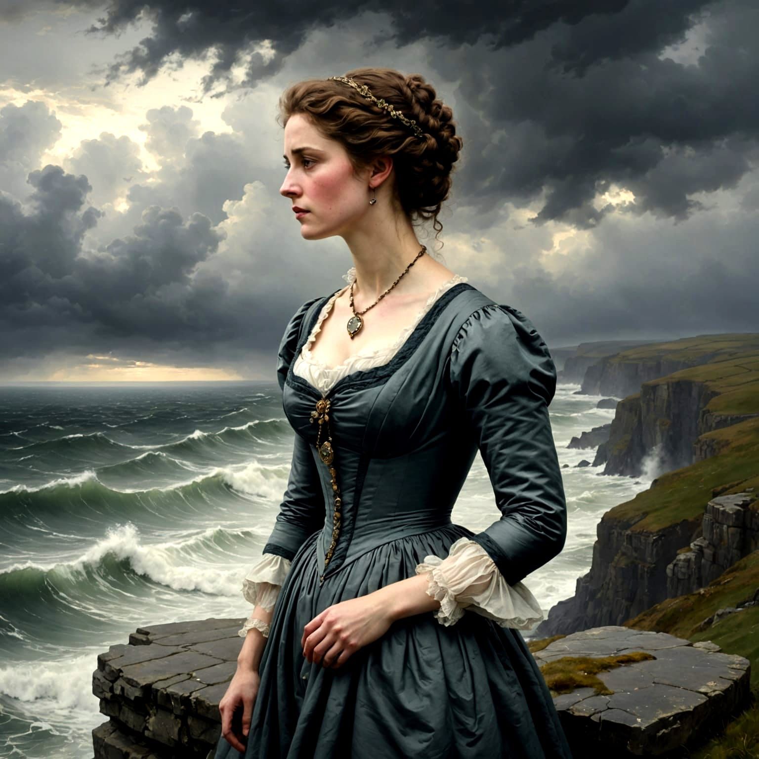 Regency Woman Contemplates Turbulent Sea in Romantic Style