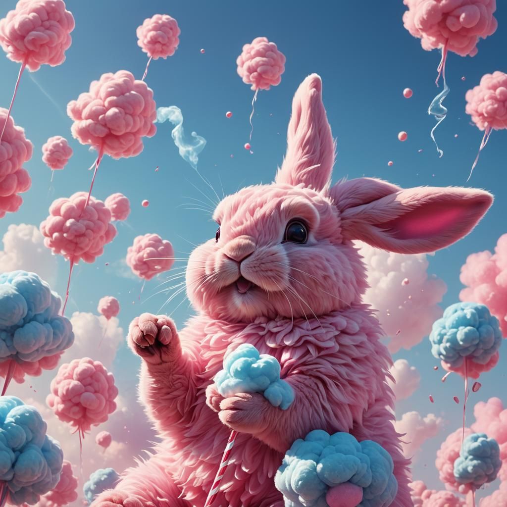 Pink Bunny Floats in Sky: Surreal Digital Art