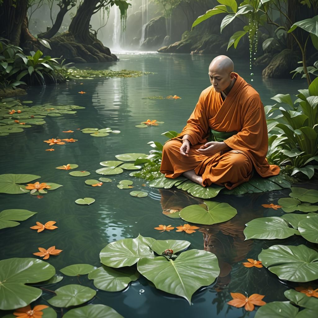 Meditating Monk on Leaf in Golden Hour Lighting