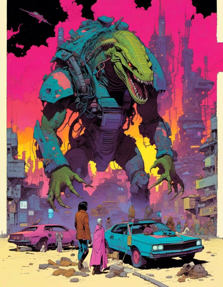 Cyberpunk Reptilian Kaiju in Abandoned Megalopolis