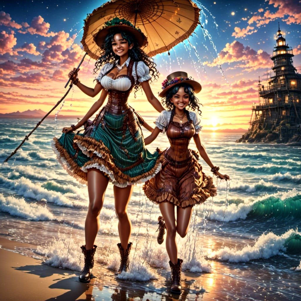 Anime Girls at Beach in Steampunk Watercolor Style