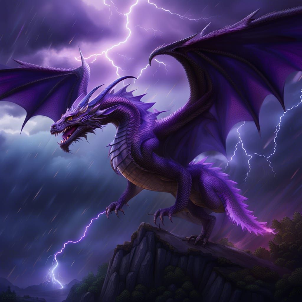 Majestic Violet Dragon Flying in a Thunderstorm