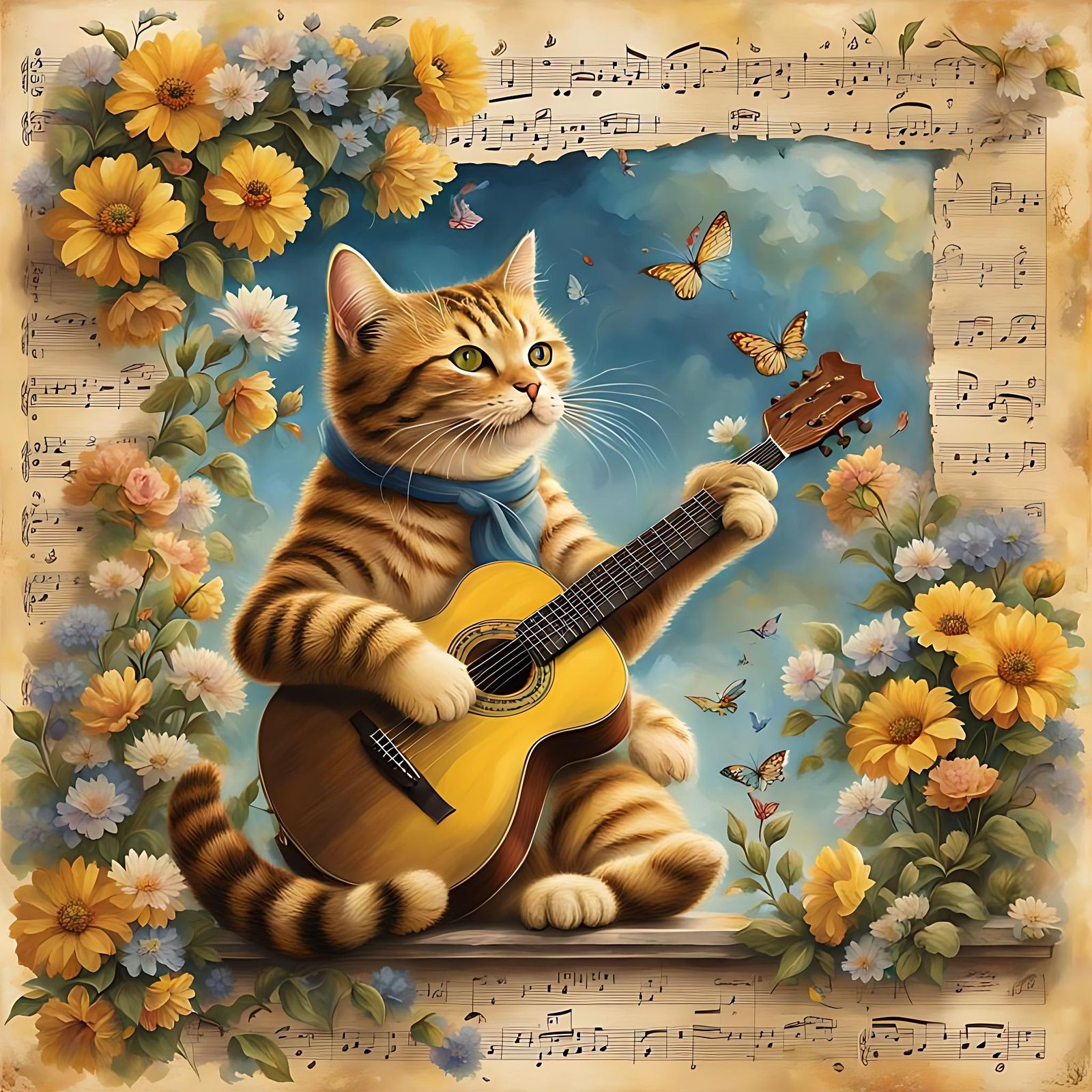 Musician Cat with Guitar on Aged Music Paper