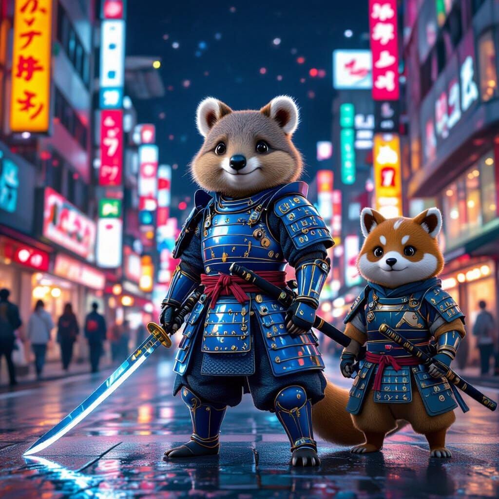 Quokka and Tanooki Samurai in Neon Shibuya, Anime Style