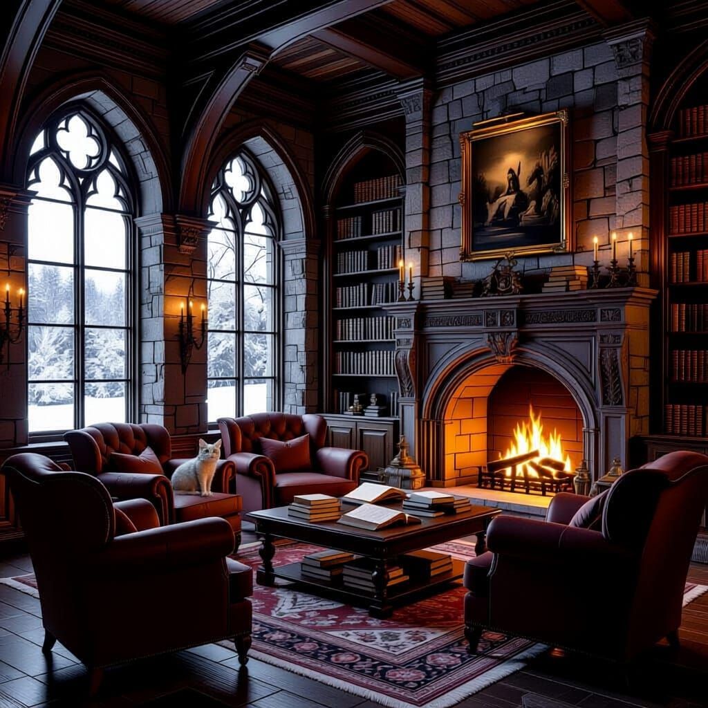 Cozy Castle Library Corner in Hyperrealism