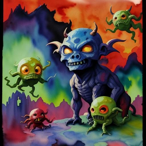 Demon and Aliens in Epic Impressionist Gouache Style