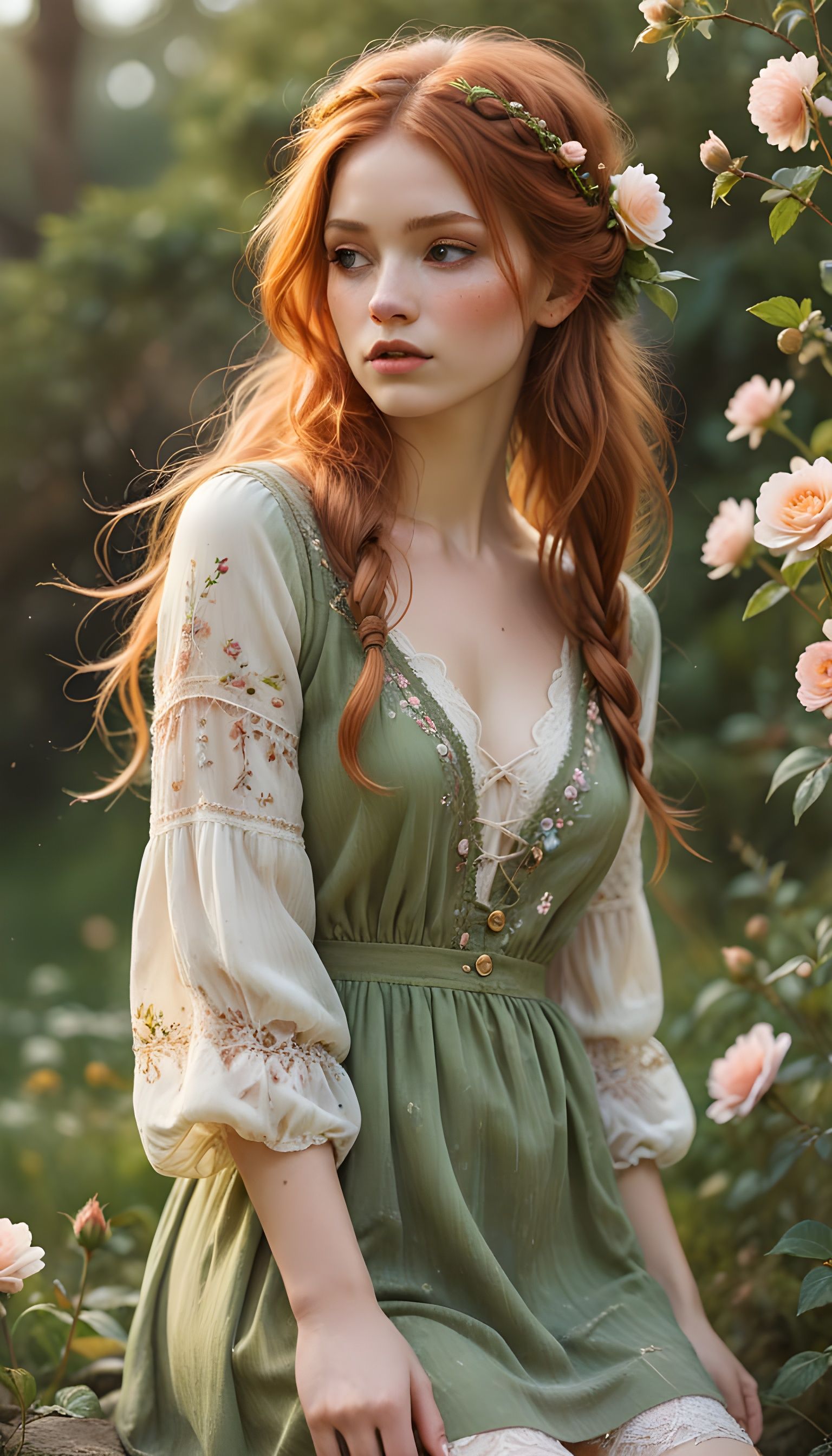 Rousse Goddess in Floral Hair and Green Velvet Robe