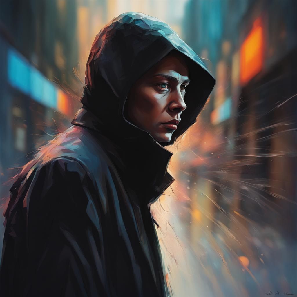 Person in Dark Coat: Hyperrealistic Splash Art