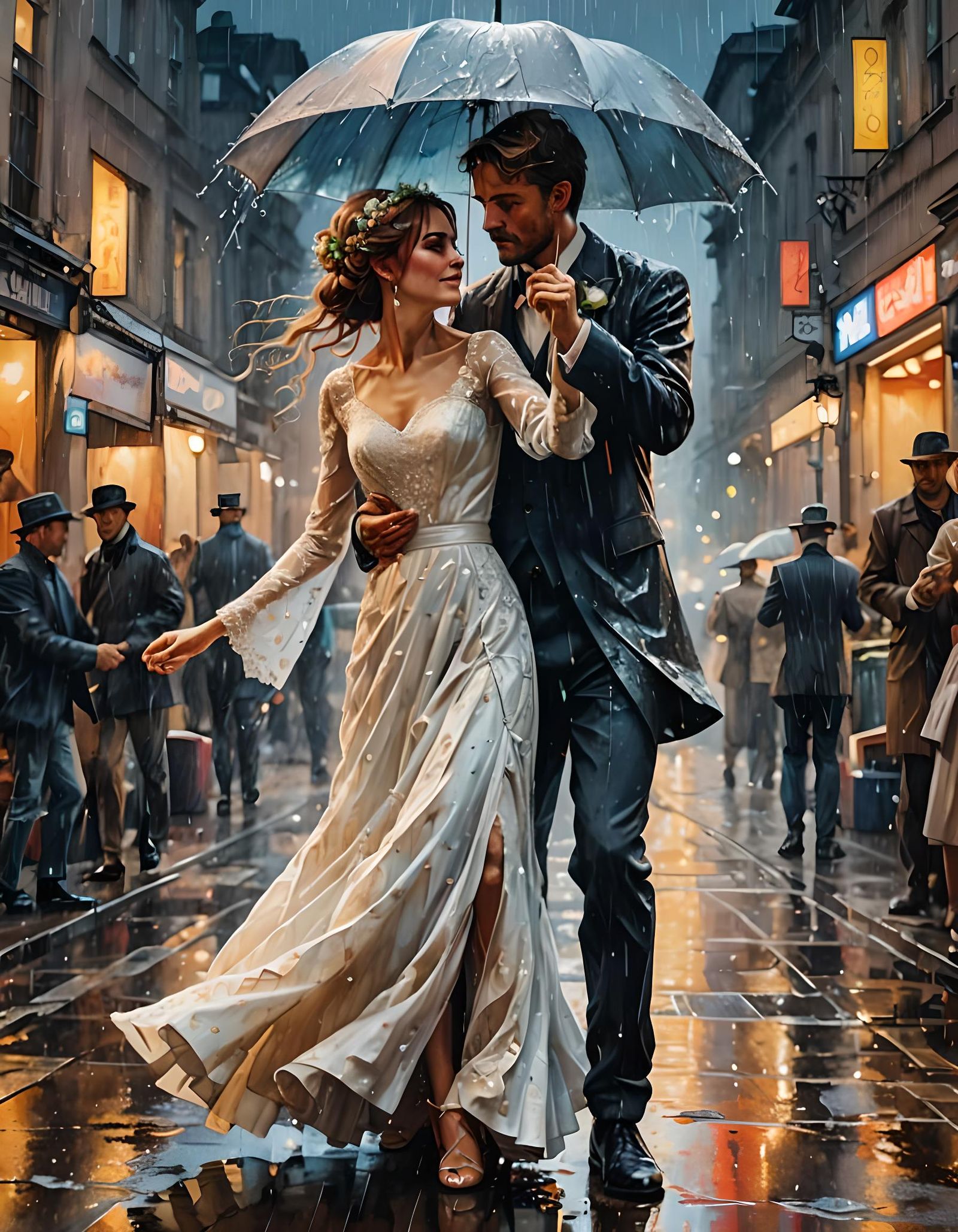Bride and Groom Dancing in Rainy Watercolour Painting