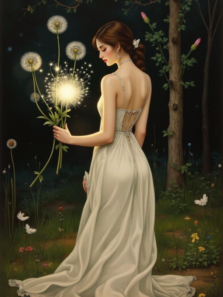 Surreal Vintage Japanese Fantasy Scene with Glowing Dandelio...