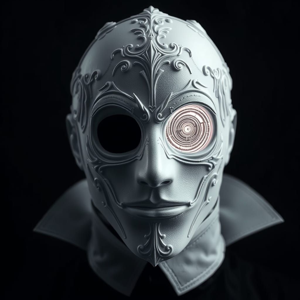 Ornate Mask with Glowing Spiral in Black Void