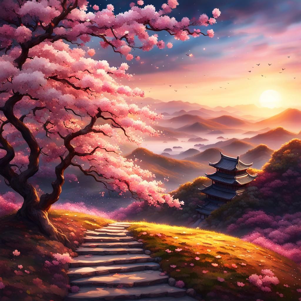 Mystical Sakura Sunset: Watercolor Landscape