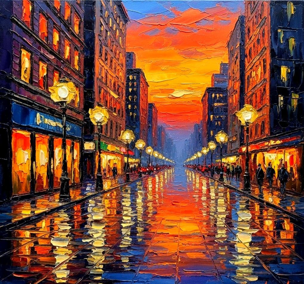 Impasto Cityscape at Sunset with Glowing Lights