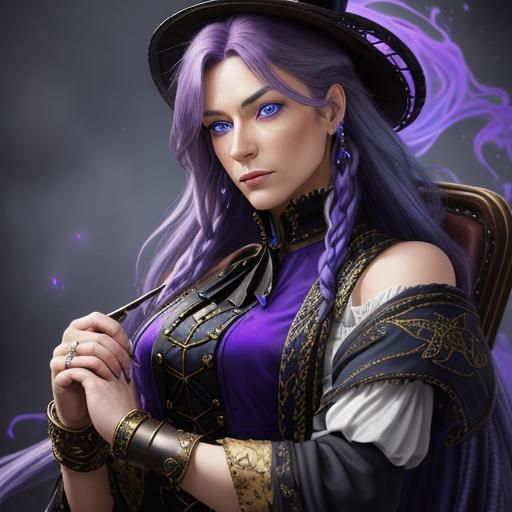 Steampunk Seamstress with Purple Hair Sewing a Hat