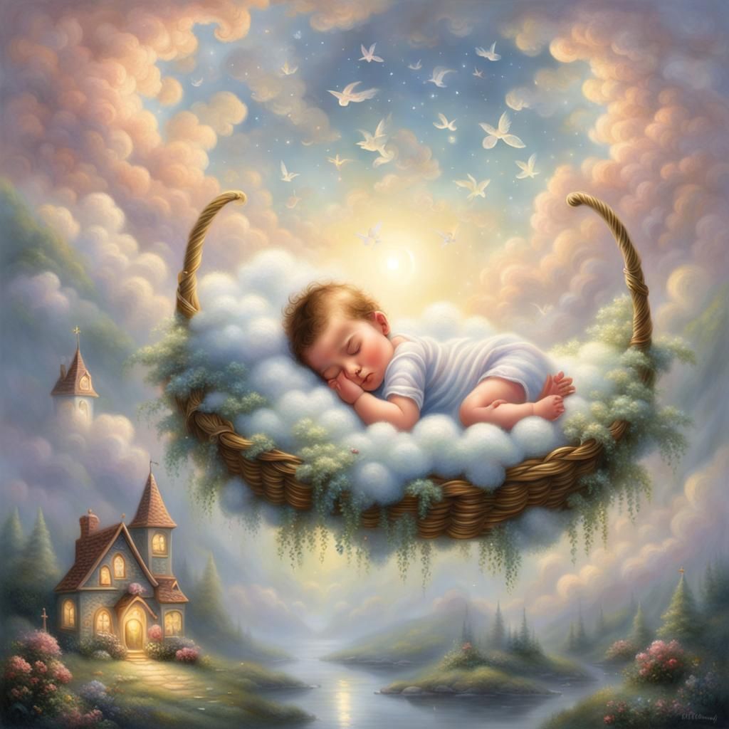 Baby Asleep on Cloud in Ethereal Style
