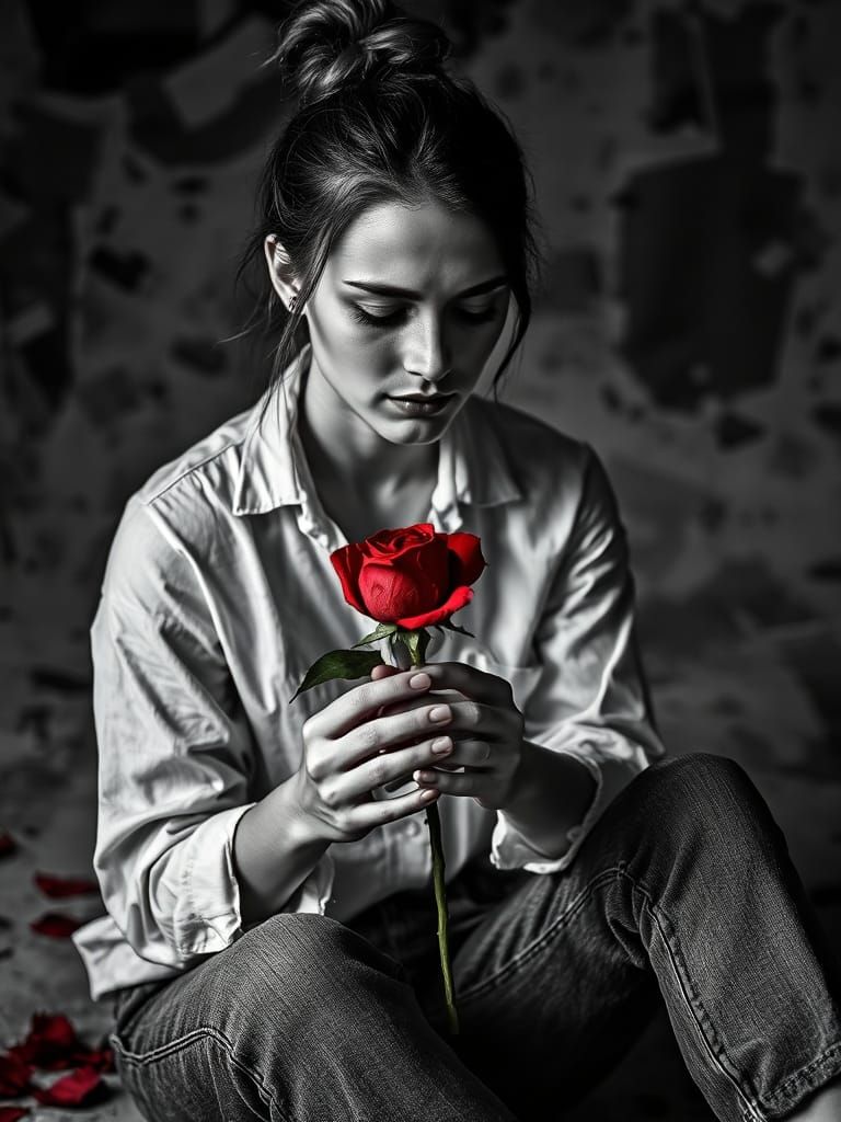 Surrealistic Woman in Contemplation, Cradling a Torn Rose in...