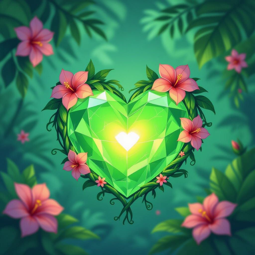 Glowing Gemstone Heart Surrounded by Tropical Flowers