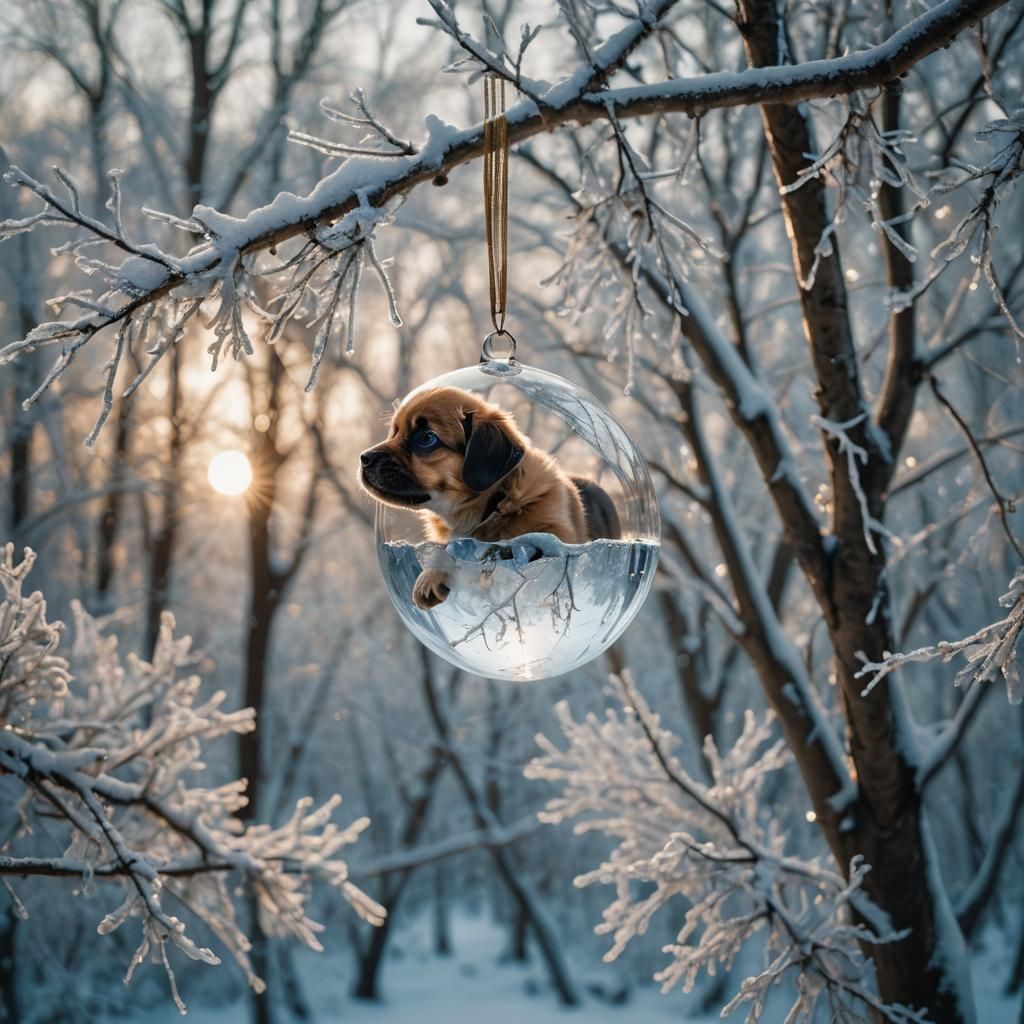 Puppy in Snowy Orb with Shattering Glass