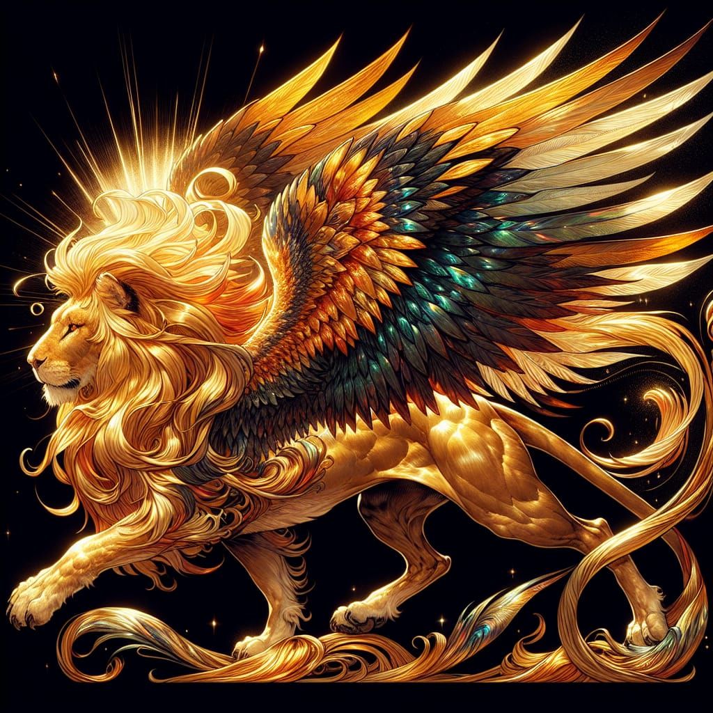 Majestic Golden Lion with Wings in Manga Style