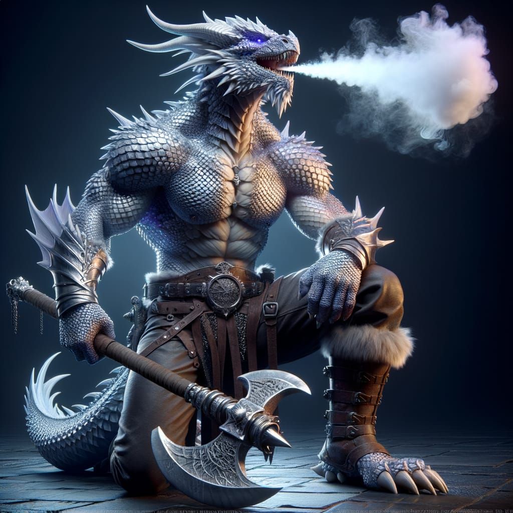 Silver Dragonborn Barbarian with Ice Breath in Dark Fantasy ...