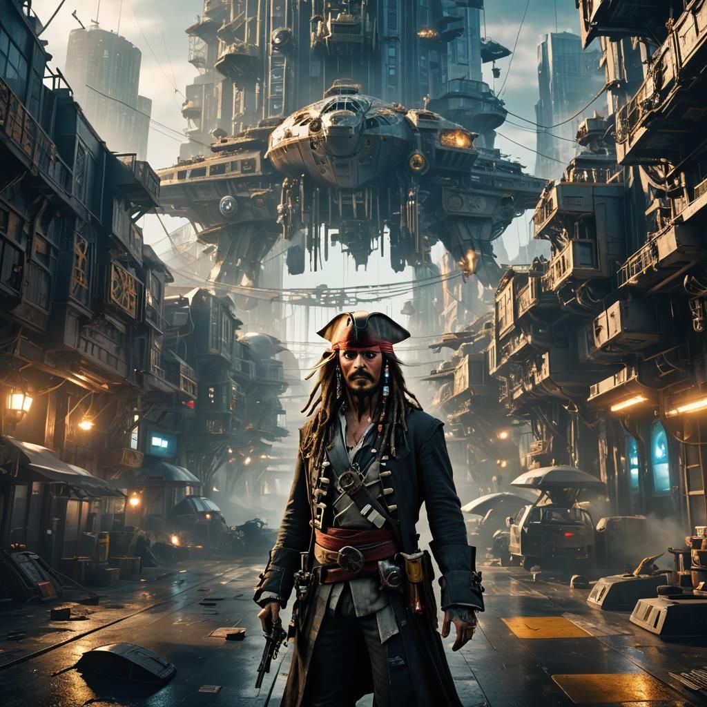 Sci-Fi Captain Jack Sparrow in Cyberpunk Cityscape