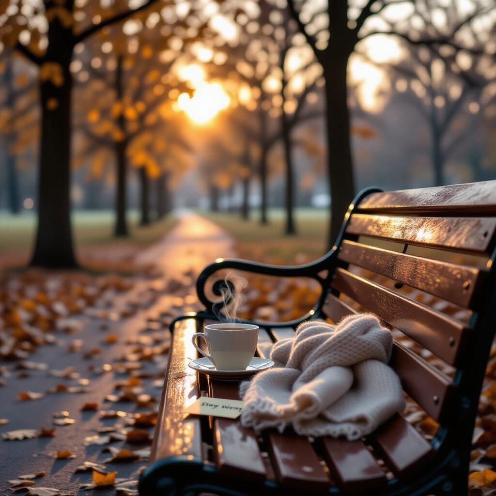 Autumn Park Bench Scene with Steaming Tea and Scarf