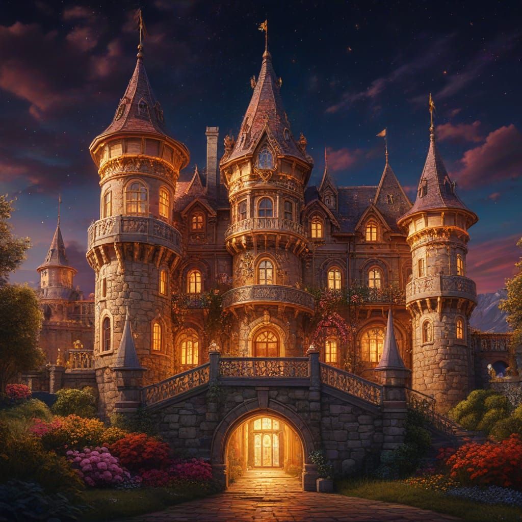 Majestic Floral Castle in Vibrant Oil Painting