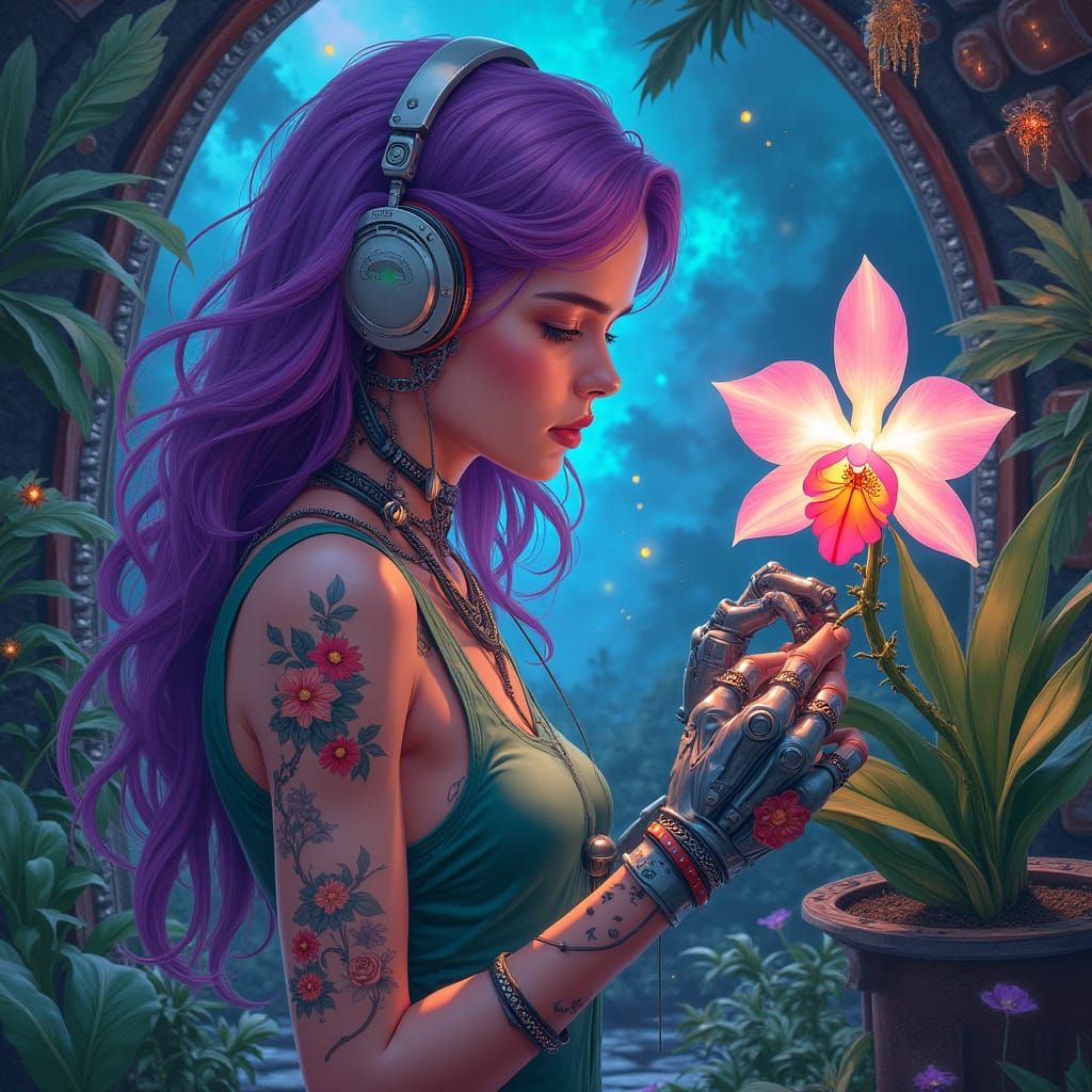 Android Botanist Pruning Bioluminescent Orchid in Retro-Futu...