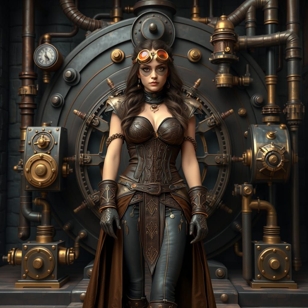 Steampunk Warrior, Xena, Beside Hissing Engine