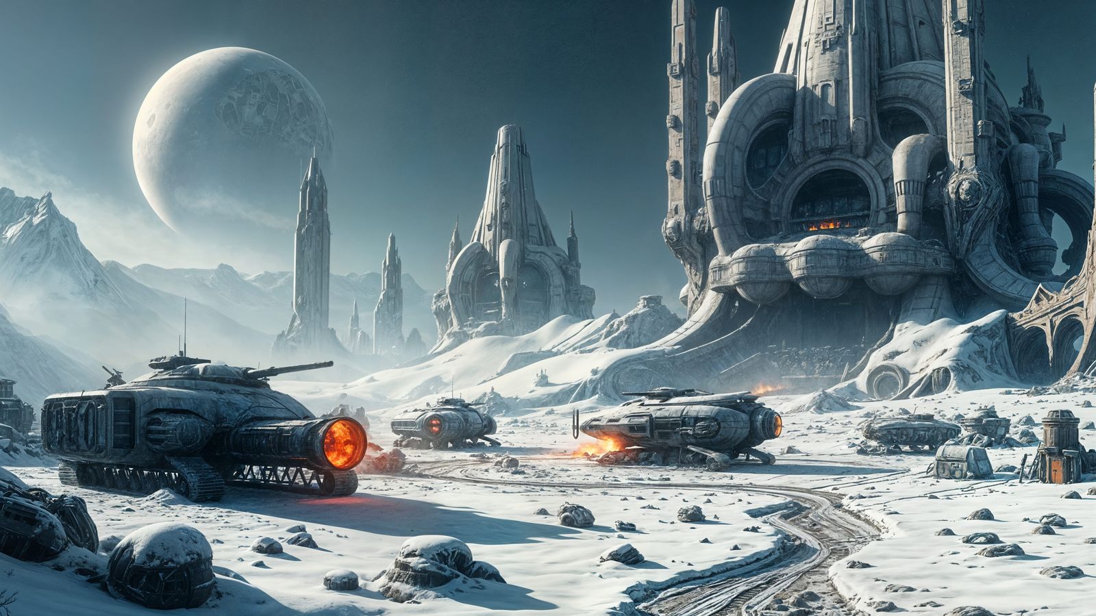 Cyberpunk Tanks Amidst Ruined Alien City on Snow Planet