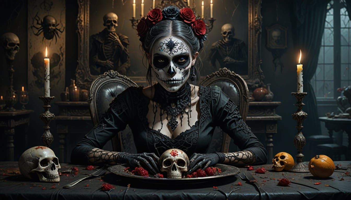 Gothic Woman with Sugar Skull Makeup and Decaying Banquet