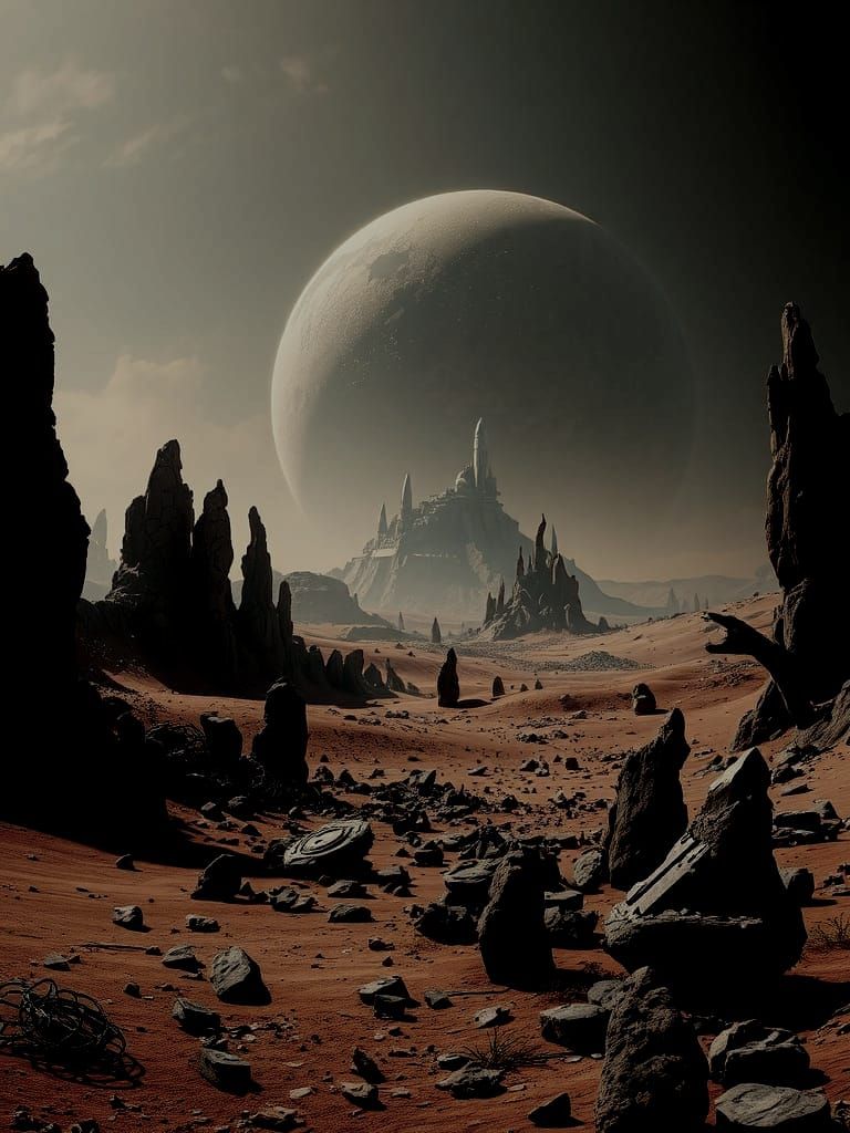 Surreal Dead Planet with Broken Rocket in Deep Space