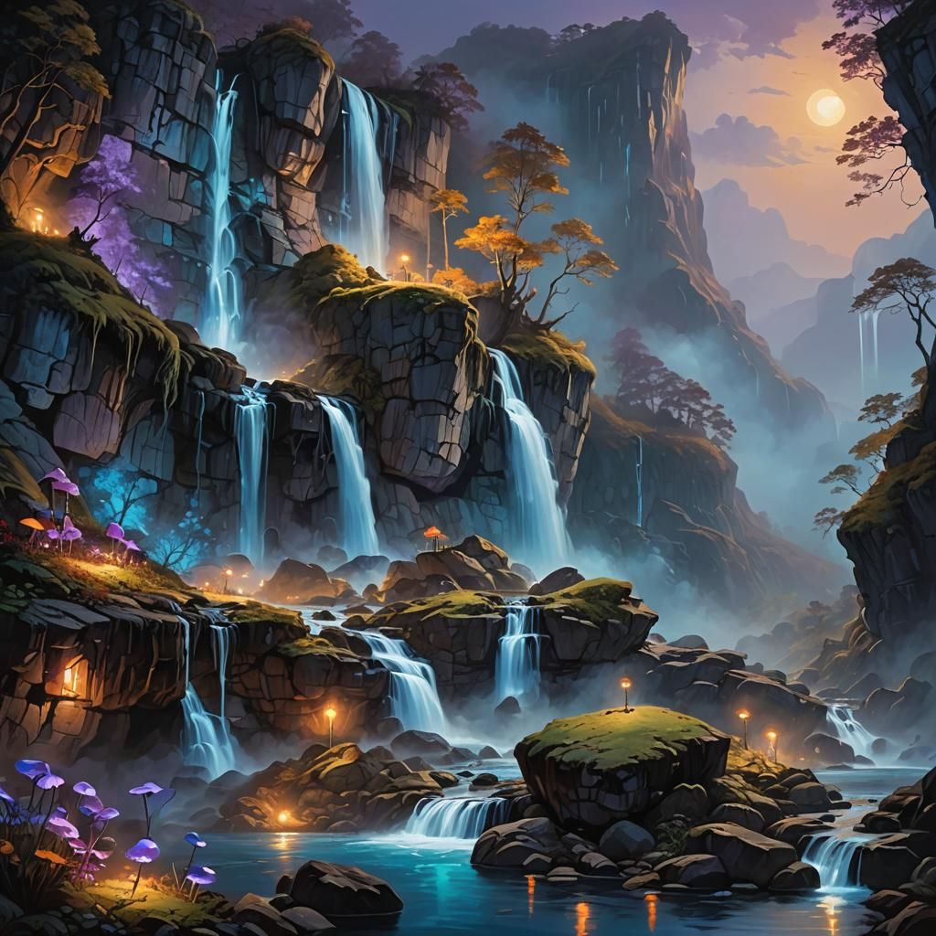 Dramatic Night Waterfall in Oil Painting Style