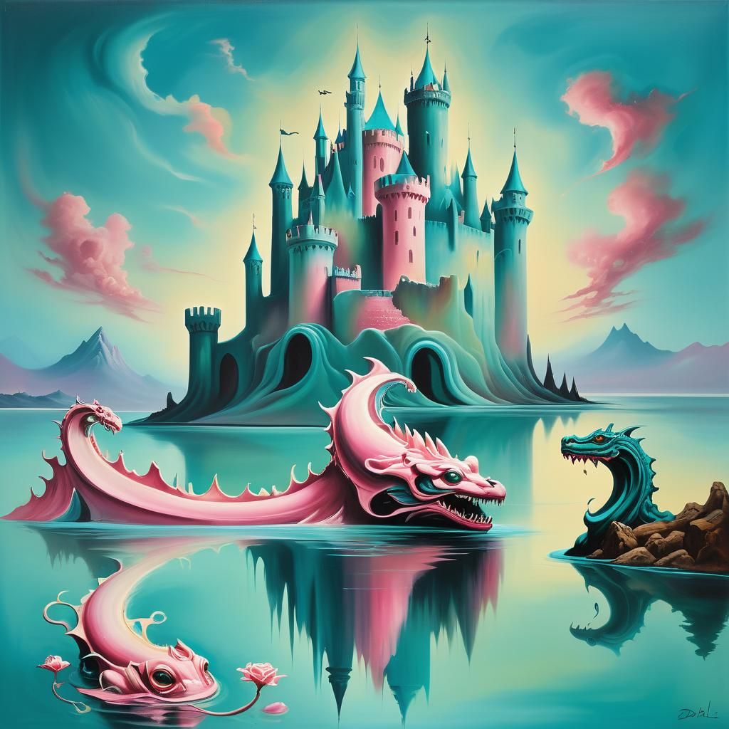 Surreal Castle with Lake Monster in Dreamlike Style