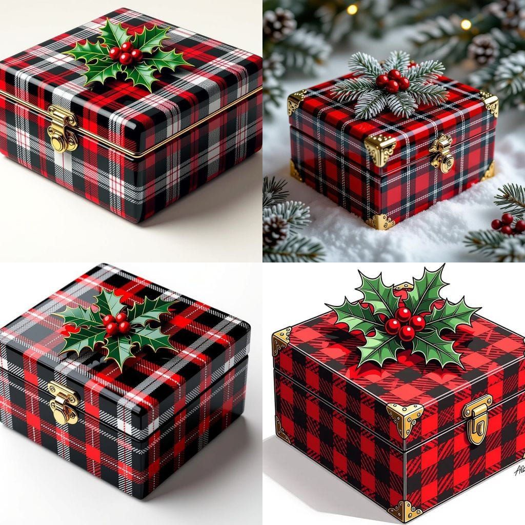 Highly Detailed Plaid Jewelry Box with Holly, Digital Art