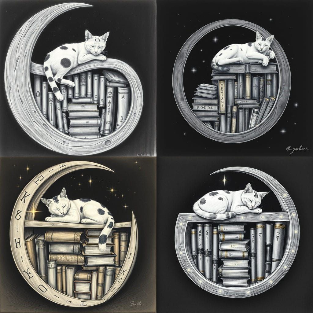 Whimsical Crescent Moon Bookshelf Filled with Ancient Tomes