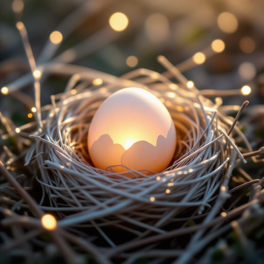 Glowing Nest Holding Dove Egg at Dawn