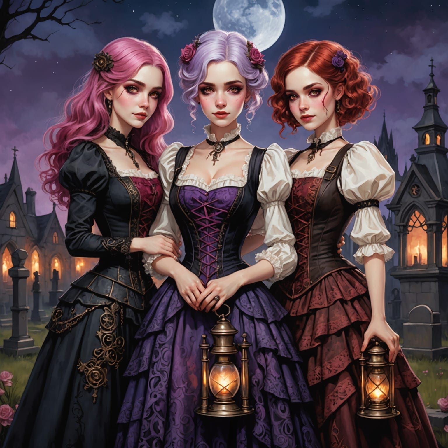 Three Women in Cemetery Drawn in Alcohol Ink Style