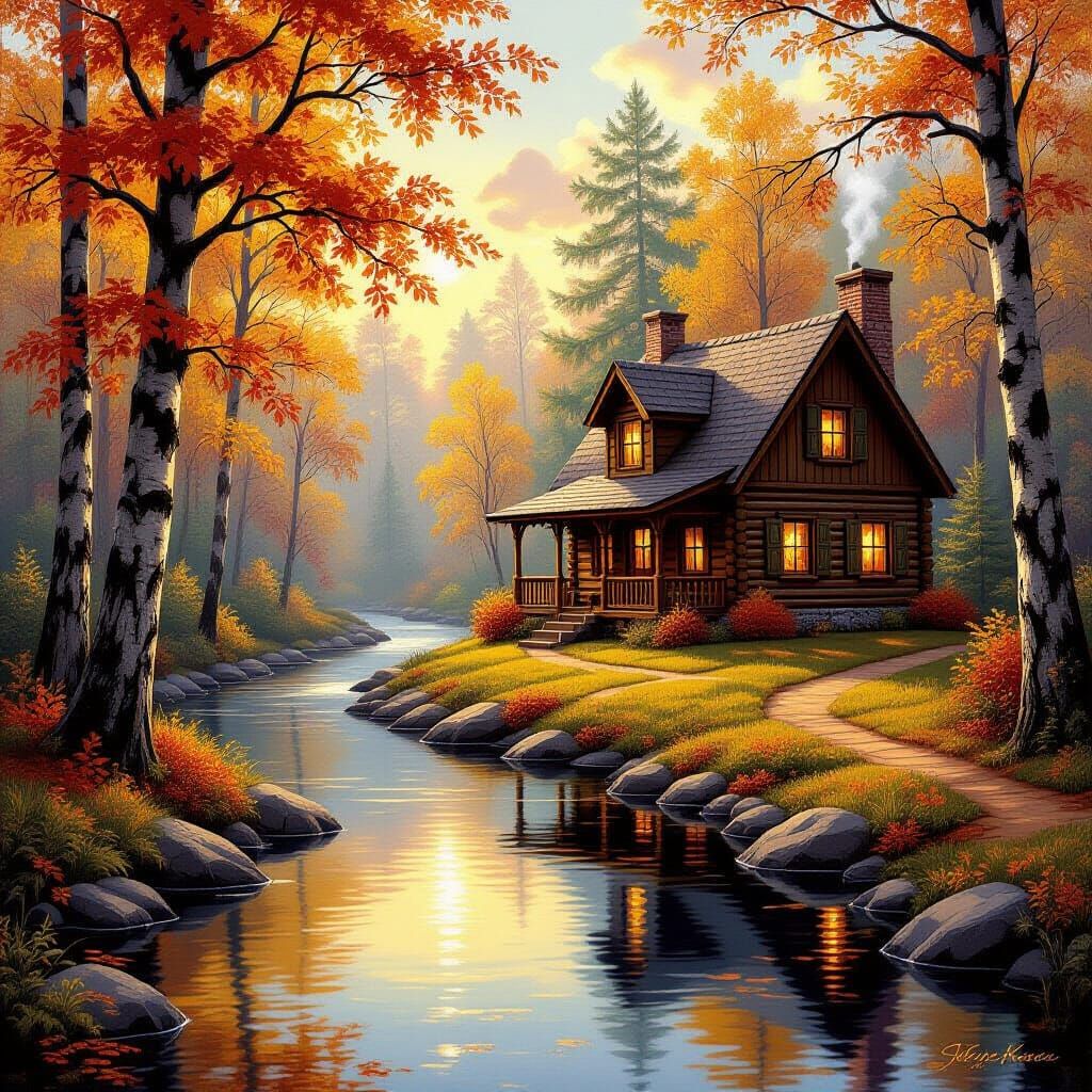 Cozy Autumn Cabin by Tranquil River in Golden Light