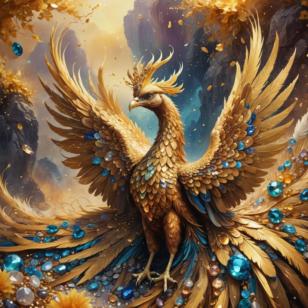 Iridescent Phoenix Soaring Over Gemstone Sea in Art Deco Sty...