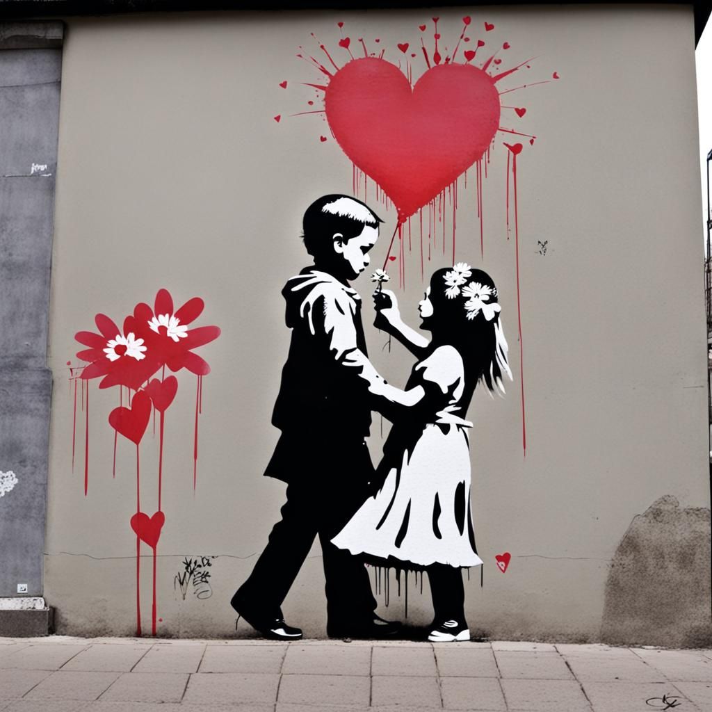 Banksy Style Love and Flower Power Street Art