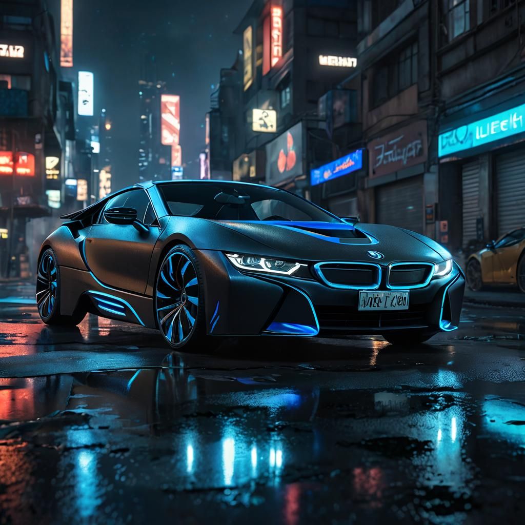 Black and Blue BMW i8 Roadster in Cyberpunk Style