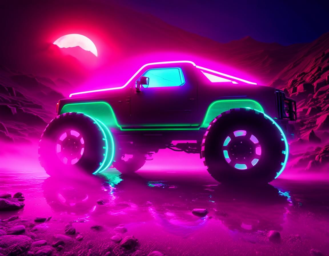Synthwave Offroad Truck on Misty Mountain Road
