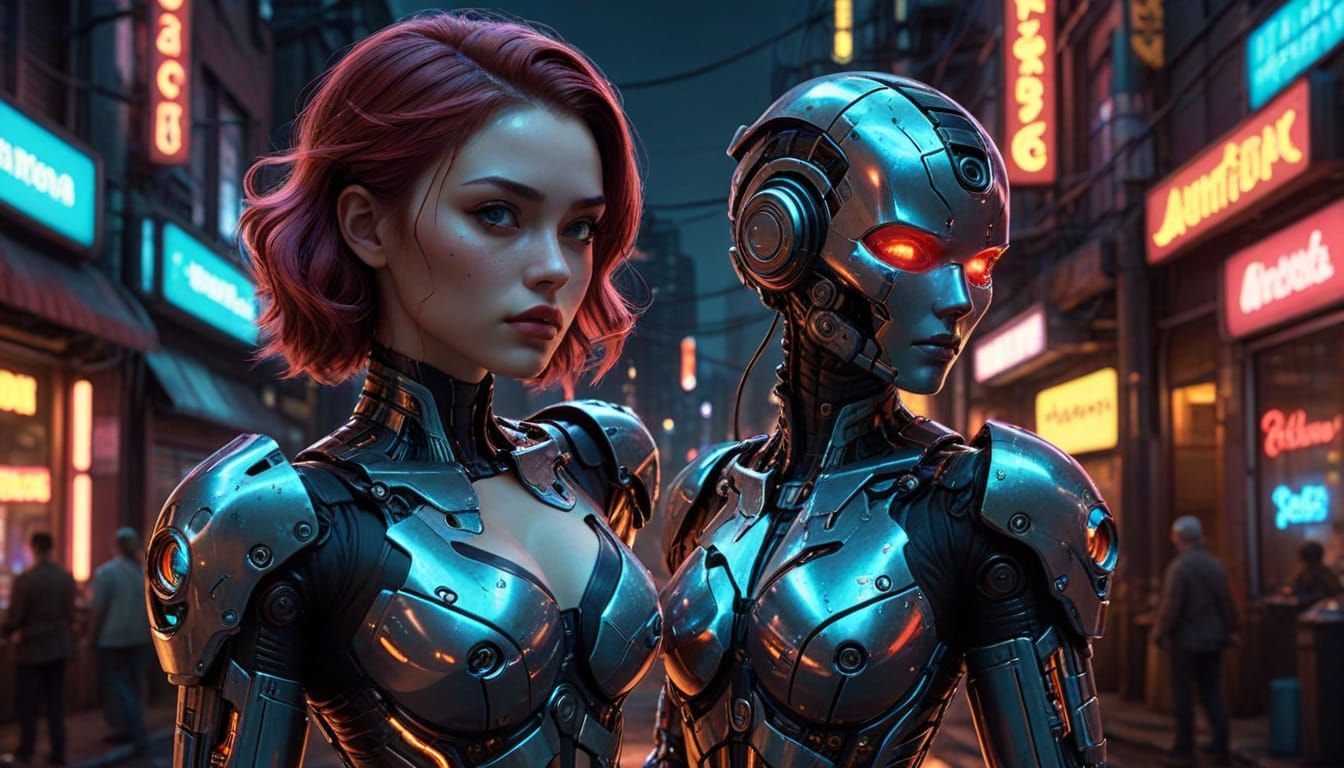 Cyberpunk Android Pin-Up in Futuristic City